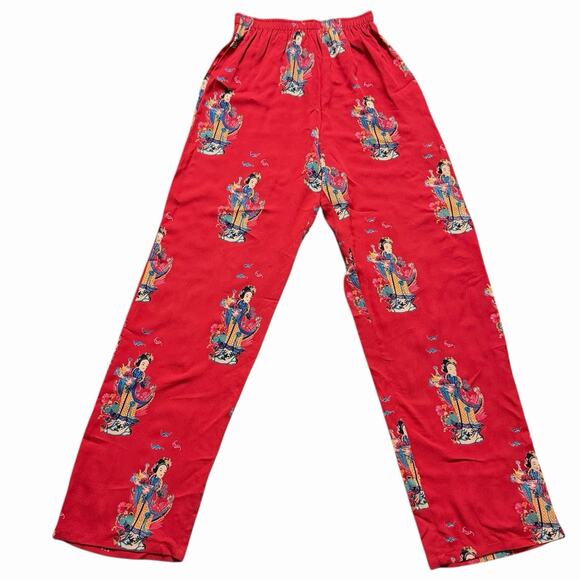 VINTAGE 90s HARARI RED SILK ASIAN PRINT ART TO WEAR PANTS BOHO COTTAGE RETRO S - Picture 1 of 7